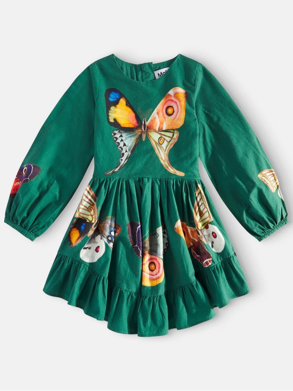 Molo Classic Emerald Green Butterfly Print Long-Sleeve Dress Sz 7/8 yr